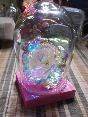 Iridescent Glass Rose Dome with Pink Base